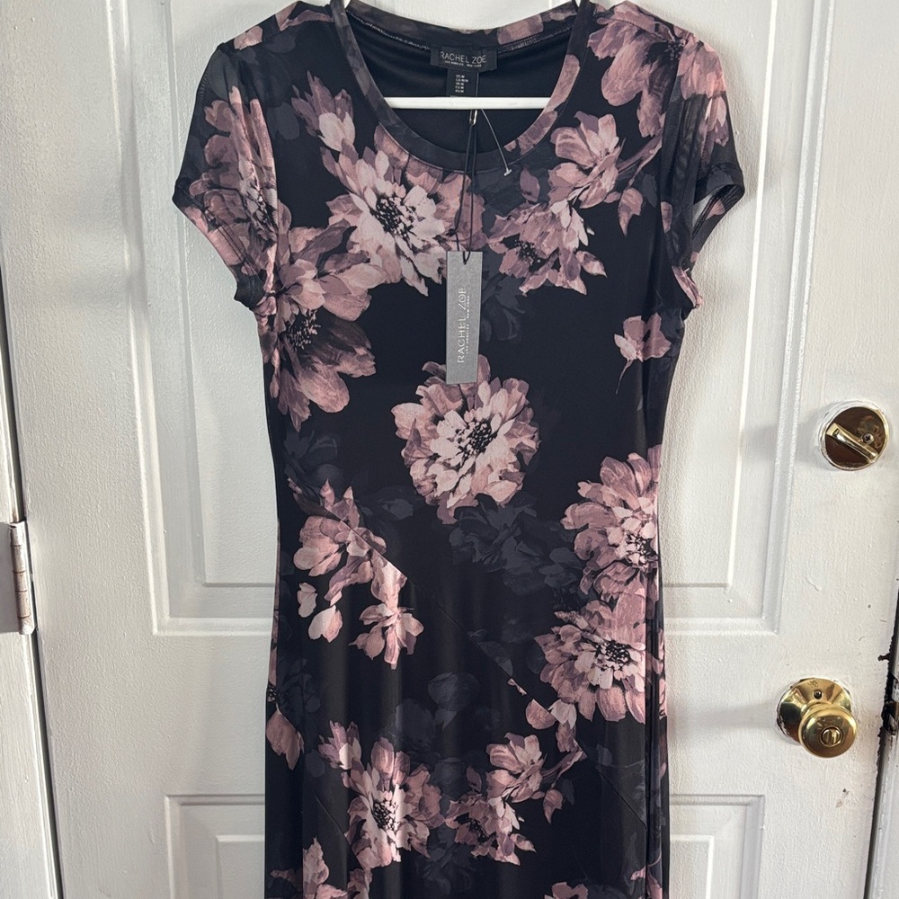 Rachel Zoe Black Midi Dress with Dusty Rose Floral Print